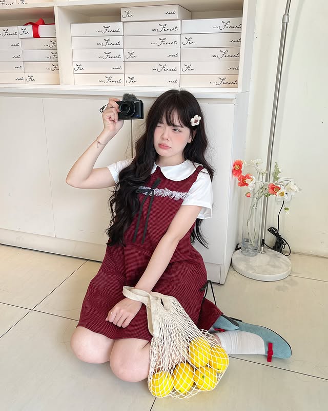  Set babydoll caro đỏ phối trắng 