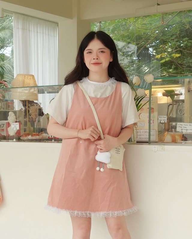  Set babydoll hồng nhung phối ren 