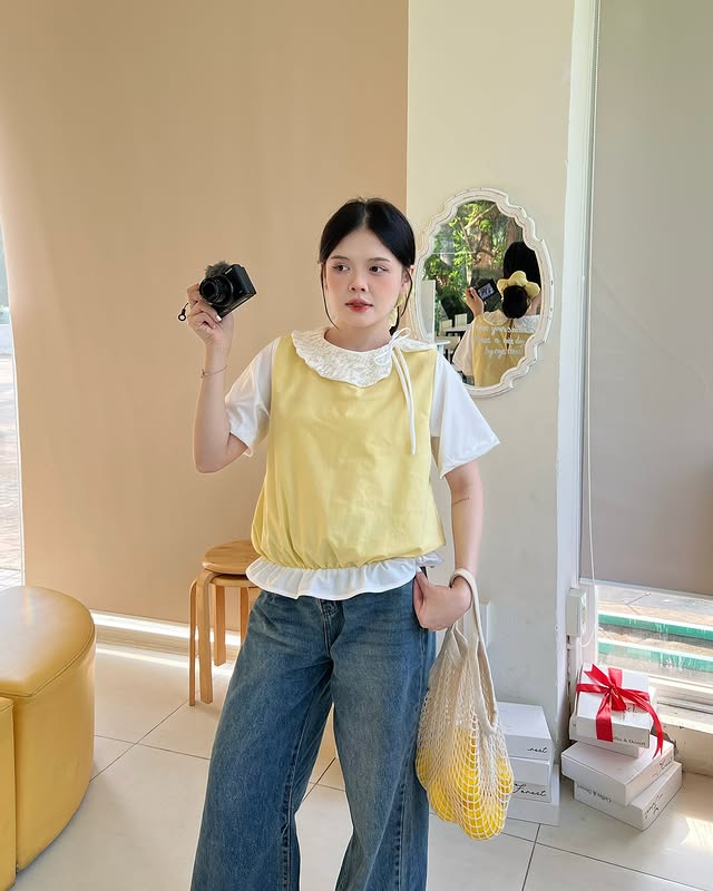  Áo babydoll cổ bèo vàng chun 