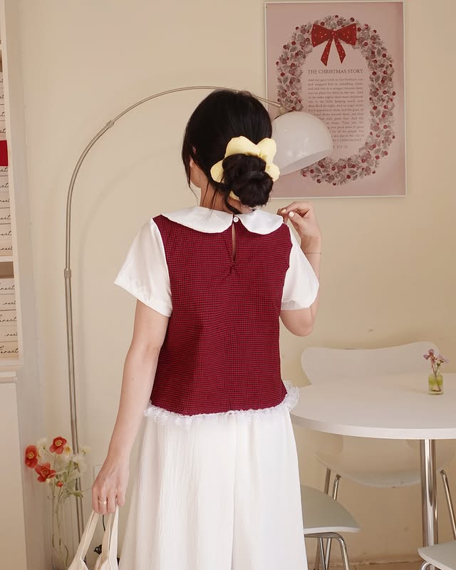  Áo babydoll caro đỏ ren line 