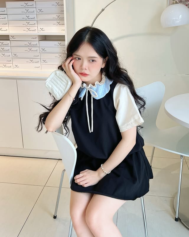  Đầm babydoll phối cổ caro xanh 