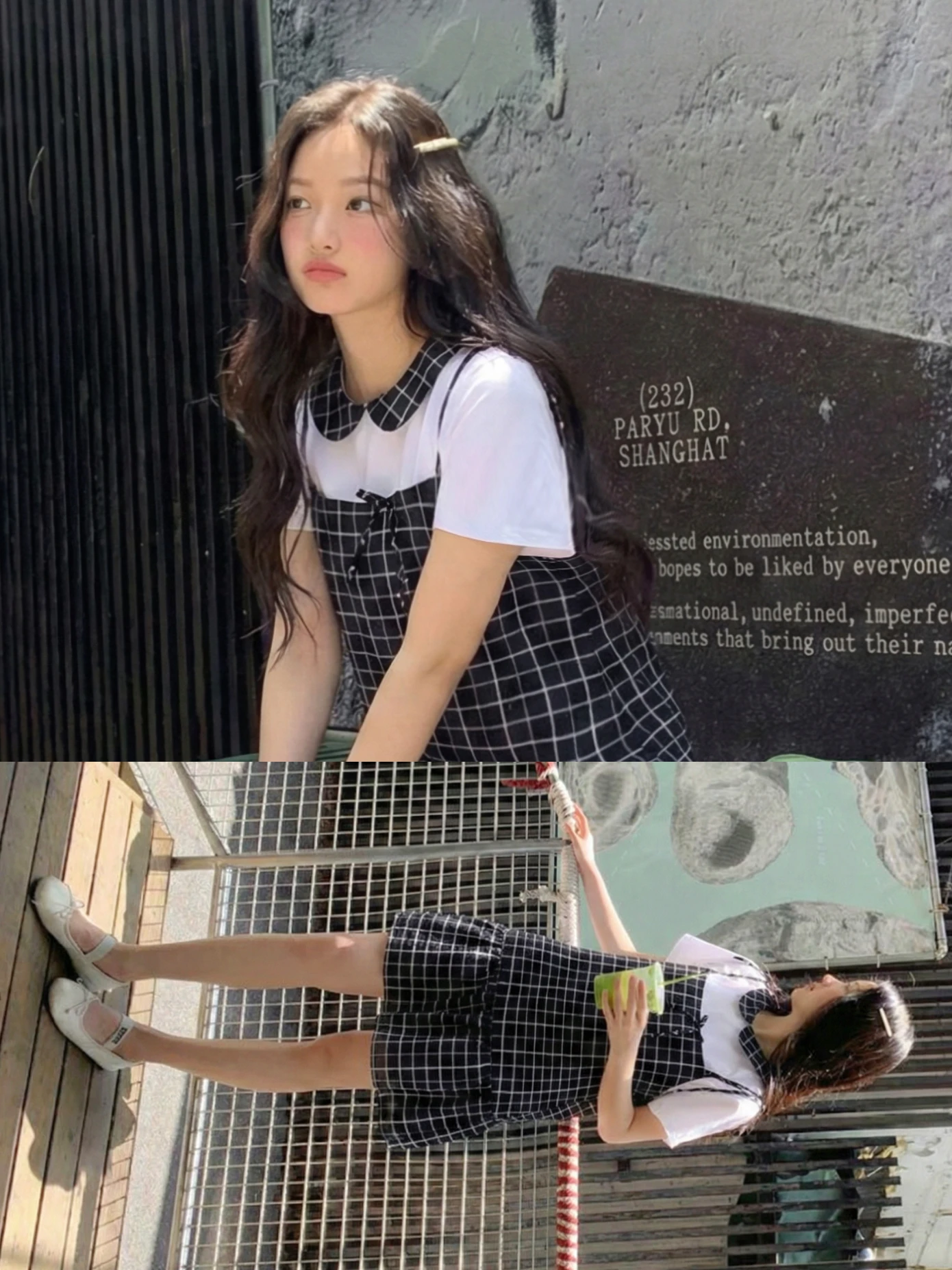 Set babydoll áo trắng cổ caro đen + yếm caro đen 