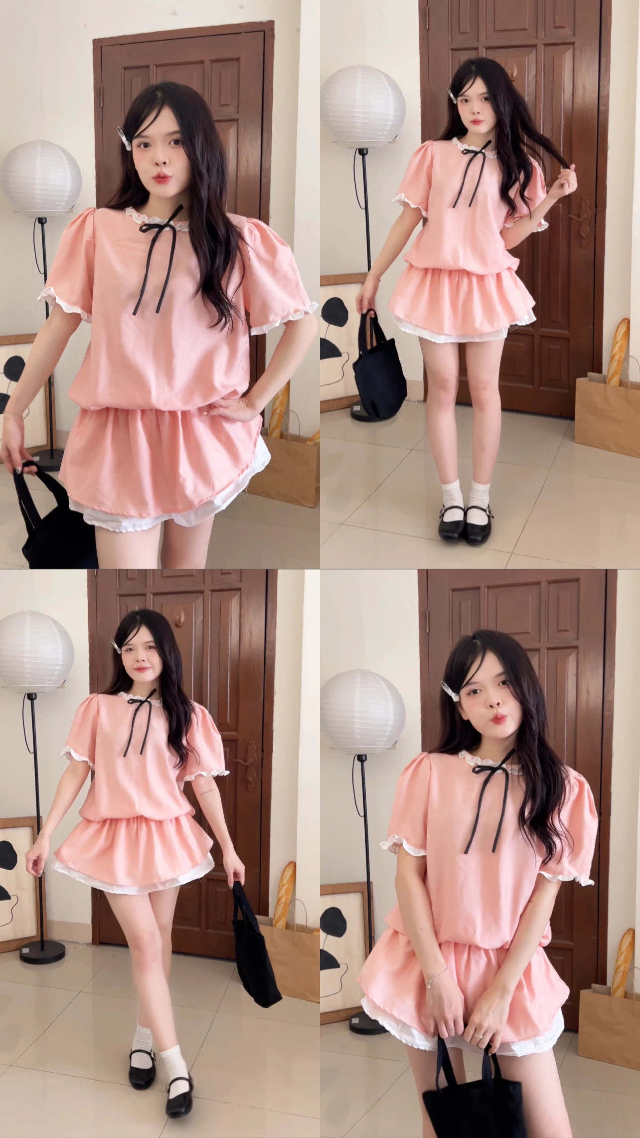 Set babydoll hồng bo chun phối nơ đen kèm bảo hộ